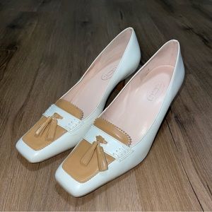 Talbots Womens Shoes Size 8.5B Square Toe Pumps High Heel White Tassel Cream Tan